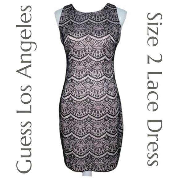 Guess Dresses & Skirts - Guess Black Lace Sheath Dress Size 2
Lace Overlay on Nude Satin Zip Back
